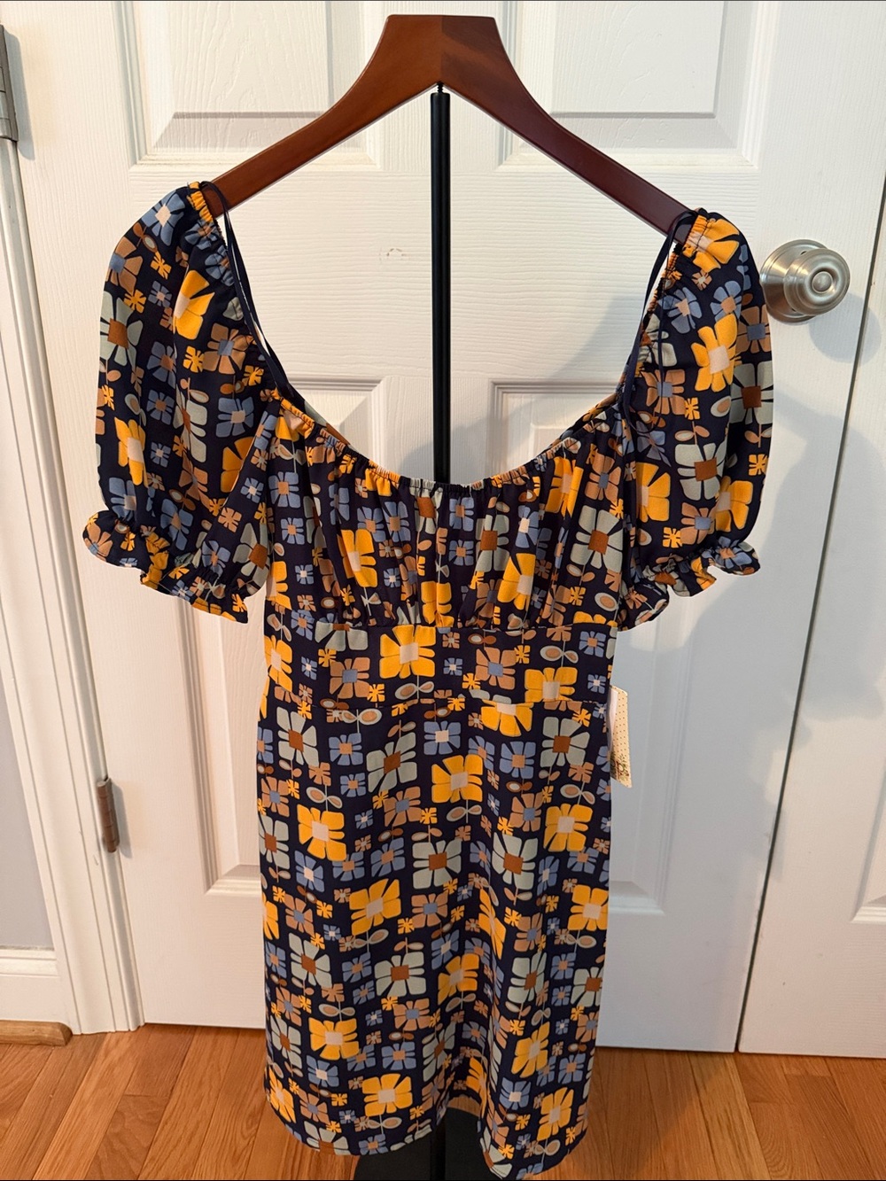 BeBop Navy Floral Midi Dress with Yellow & Gray Print